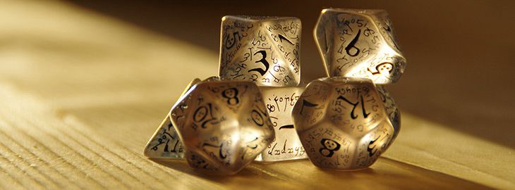 polyhedral dice on tabletop used for cybersecurity awareness training RPG