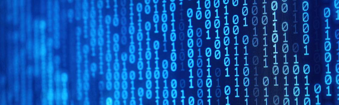 streams of binary code on a blue computer screen