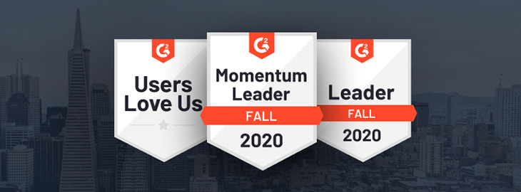 G2 Fall 2020 badges Momentum Leader, Leader, Users Love Us