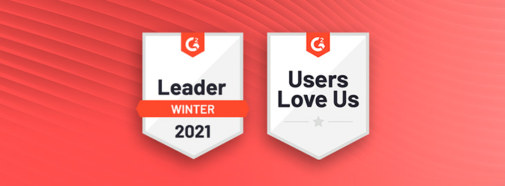 Leader Winter 2021 and Users Love Us performance badges on a red gradient background