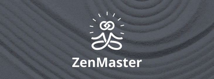 ZenMaster logo overlaying zen garden sand