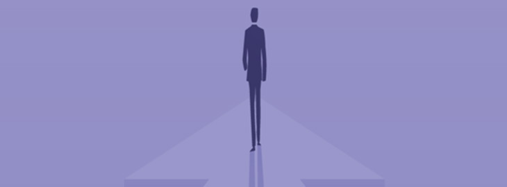 silhouette of a man walking into the horizon on a purple background