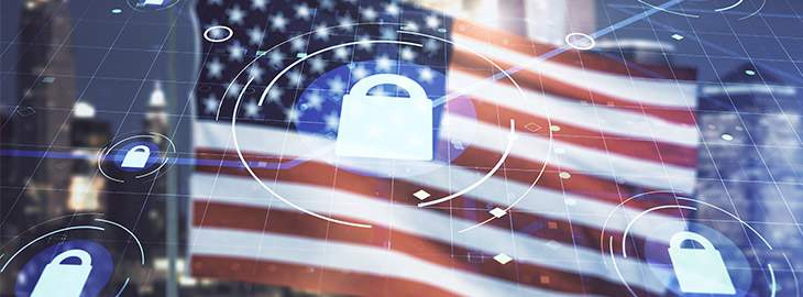 lock illustration with microcircuit on USA flag and blurry skyscrapers background, cyber security concept