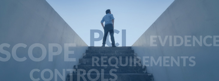 man standing at the top of a stairwell with terms PCI Evidence Scope Requirements and Controls overlay
