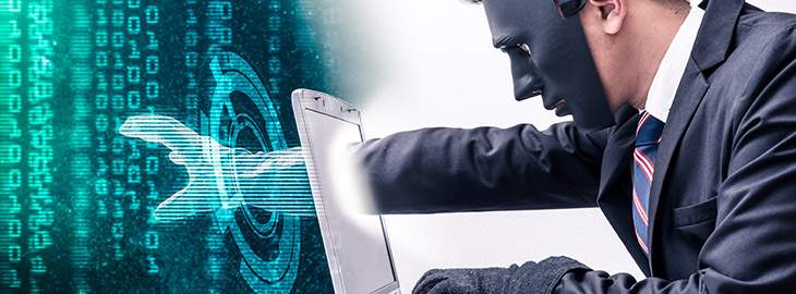 masked hacker reaching through a laptop screen to steal binary code
