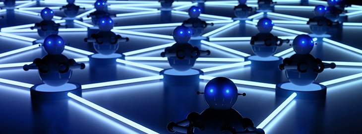 Network of blue platforms in the dark with bots on top botnet cybersecurity concept