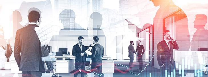 Business people working together in stylish office with double exposure of cityscape and graphs.