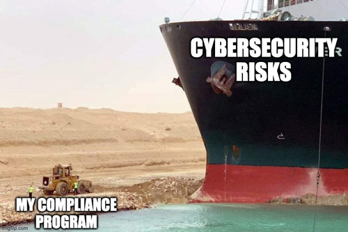 large "cybersecurity risks" ship overlooking small "my compliance program" tractor