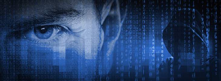 cybersecurity concept closeup of man looking directly into the camera with binary code overlay and a hooded hacker in the background