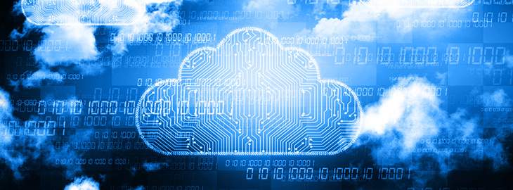 digital circuitboard cloud floating in a blue sky