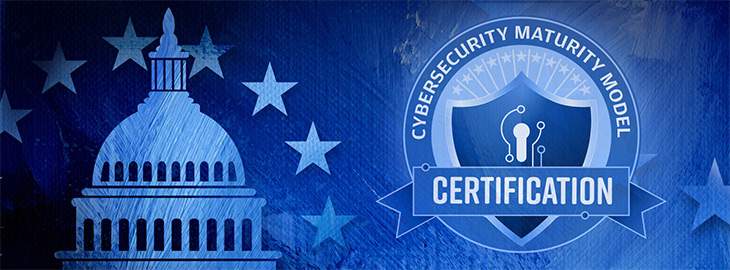 U.S. Capitol building with Cybersecurity Maturity Model Certification badge on blue background