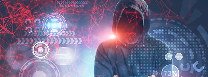 unrecognizable hacker wearing a black hoodie and standing with crossed arms. Abstract HUD and infographics background. Cybersecurity