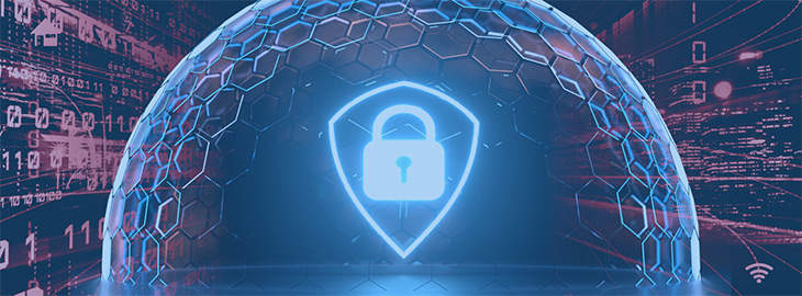 digital security shield with padlock in cybersphere