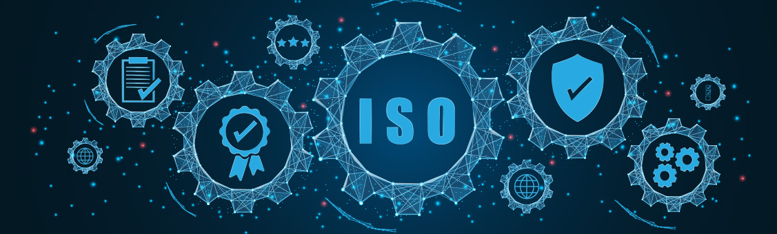 ISO standards quality control concept, assurance warranty in dark background