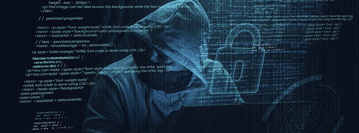Internet crime concept. Hacker working on a code on dark digital background . network security concept