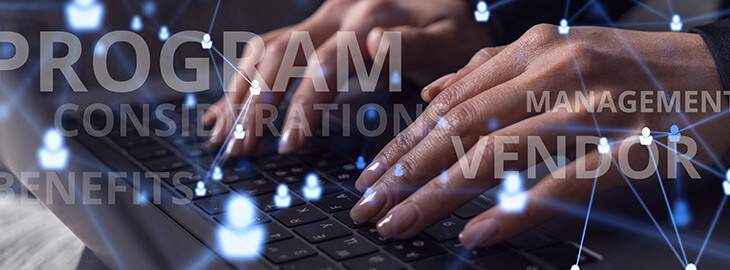 hands typing on a keyboard with program, vendor management text overlay