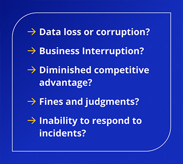 Data loss or corruption? Business Interruption? Diminished competitive advantage? Fines and judgments? Inability to respond to incidents?