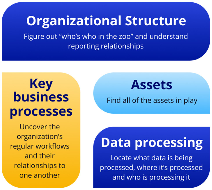 Organizational Structure: Figure out who's who in the zoo and understand reporting relationships. | Key business processes: Uncover the organization's regular workflows and their relationships to one another. | Assets: Find all of the assets in play. | Data processing: Locate what data is being processed, where it's processed and who is processing it.