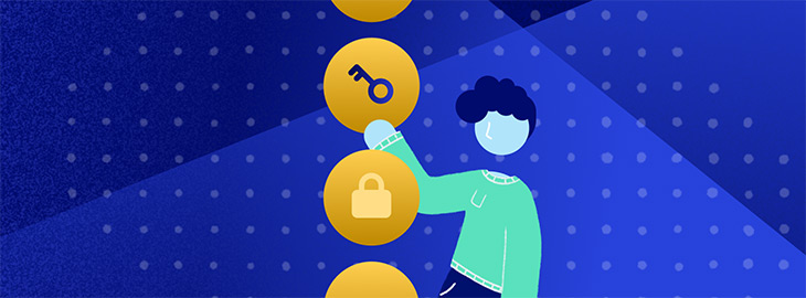 person reaching for a floating key among padlocks and other security-related icons