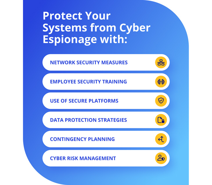 Protect Your Systems from Cyber Espionage with: Network Security Measures; Employee Security Training; Use of Secure Platforms; Data Protection Strategies; Contingency Planning; Cyber Risk Management
